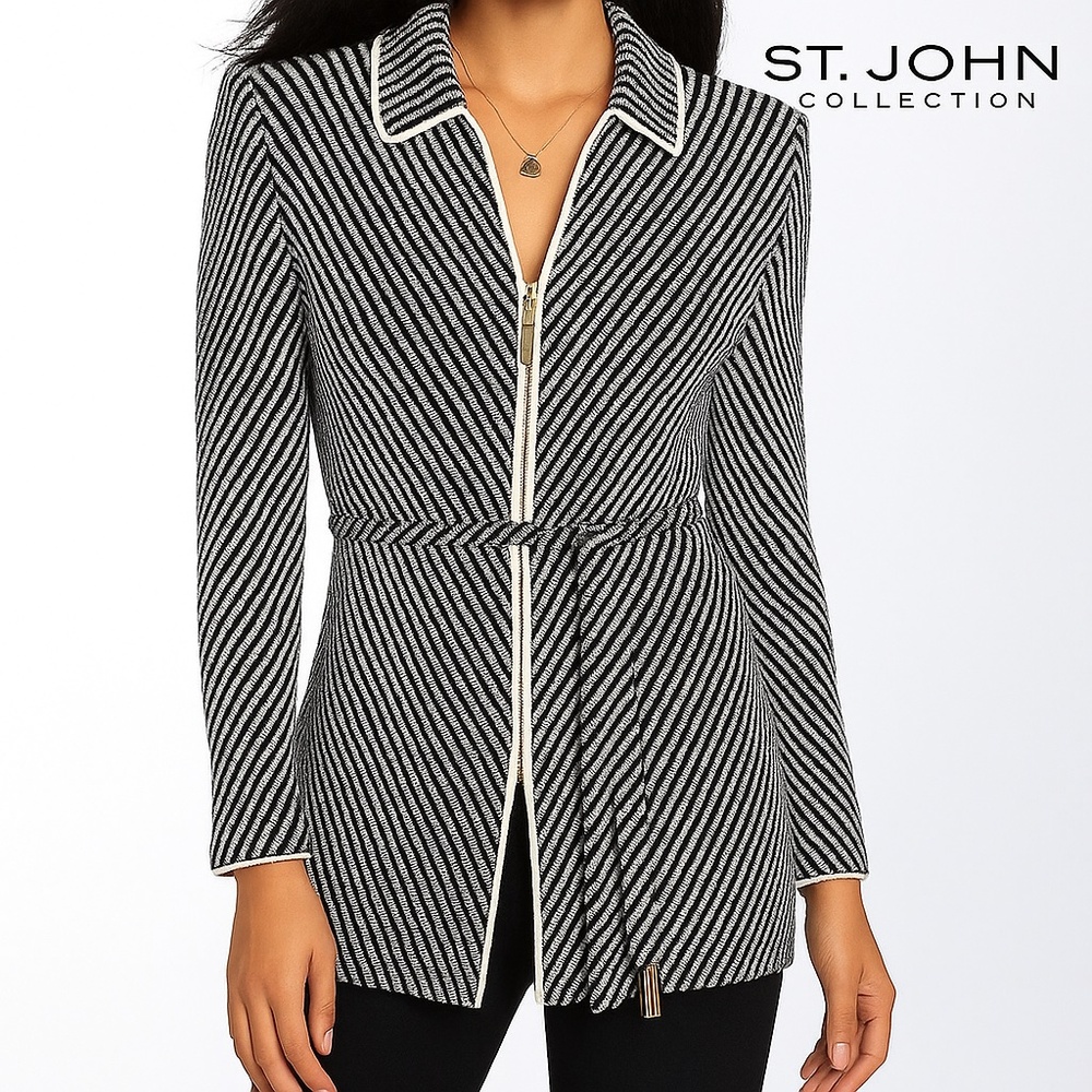 St.John Collection Black/ White Striped Zip Front Belted Blazer 🇺🇸 Made in US.